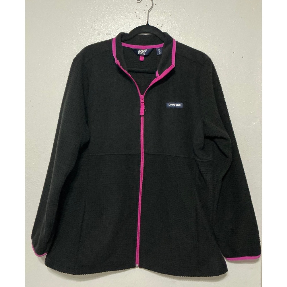 Lands End Womens Black Full Zip Fleece Jacket ‎ Size XL Cozy Casual Lightweight